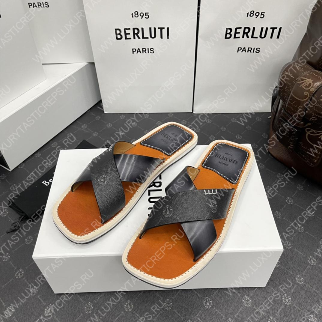 BERLUTI ELIO PATMOS LEATHER SANDALS GREY/ORANGE 811572