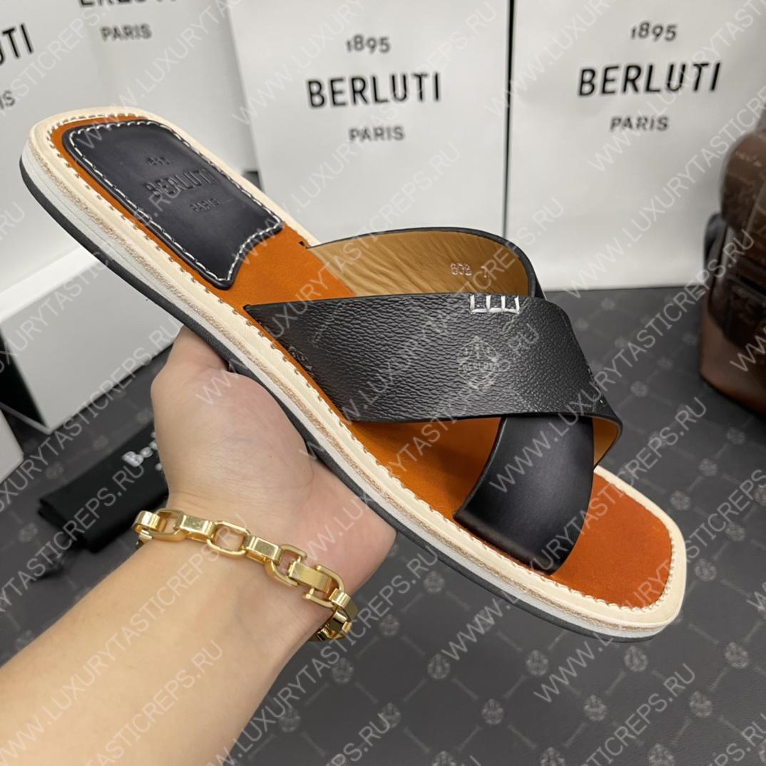 BERLUTI ELIO PATMOS LEATHER SANDALS GREY/ORANGE 811572