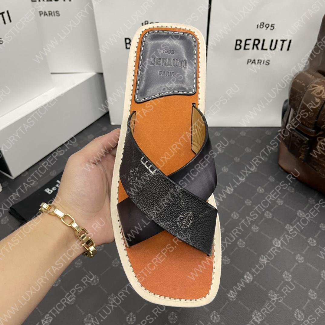 BERLUTI ELIO PATMOS LEATHER SANDALS GREY/ORANGE 811572