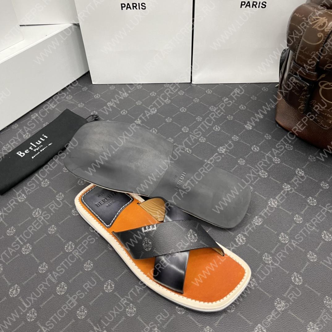BERLUTI ELIO PATMOS LEATHER SANDALS GREY/ORANGE 811572