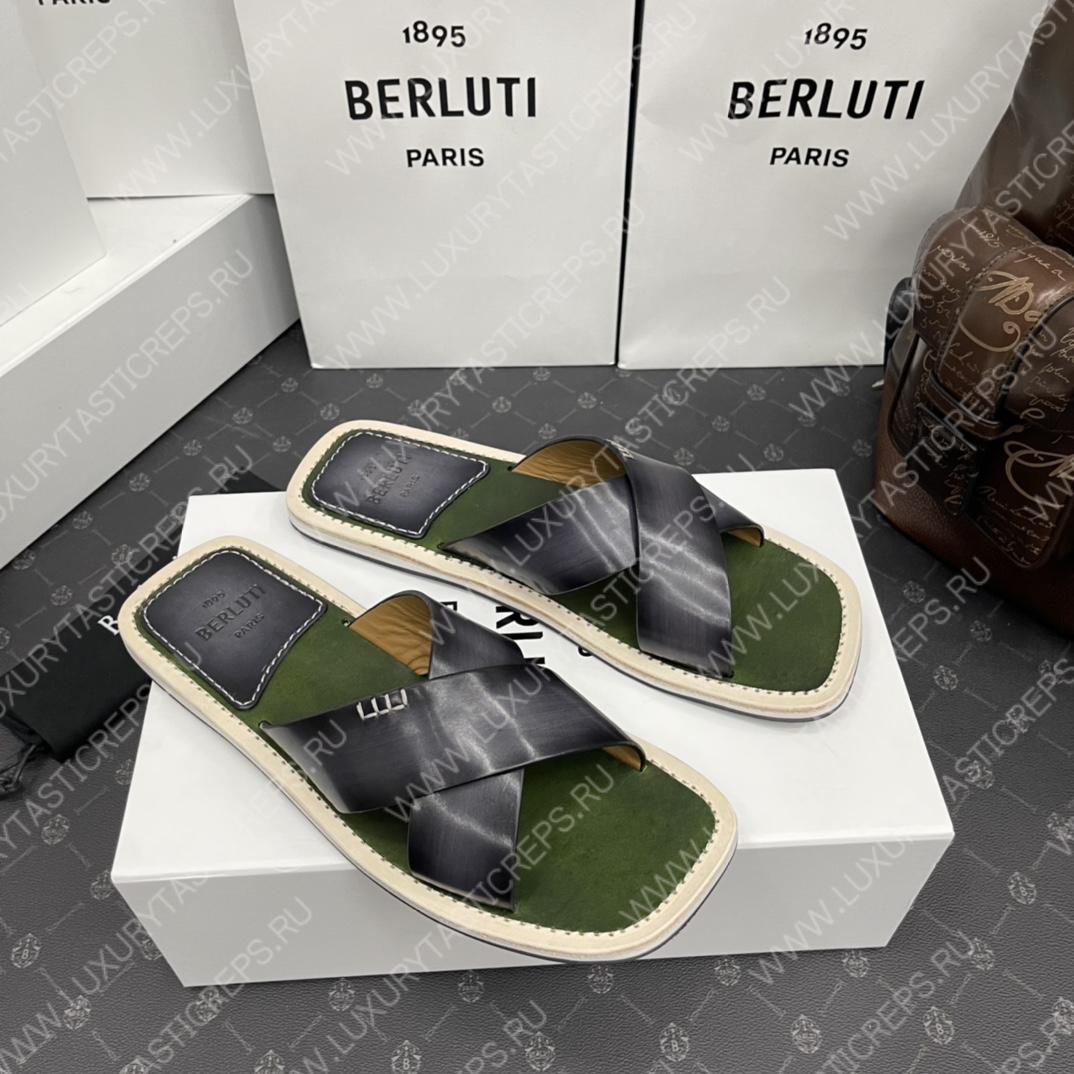 BERLUTI ELIO PATMOS LEATHER SANDALS GREY/OLIVE 811572