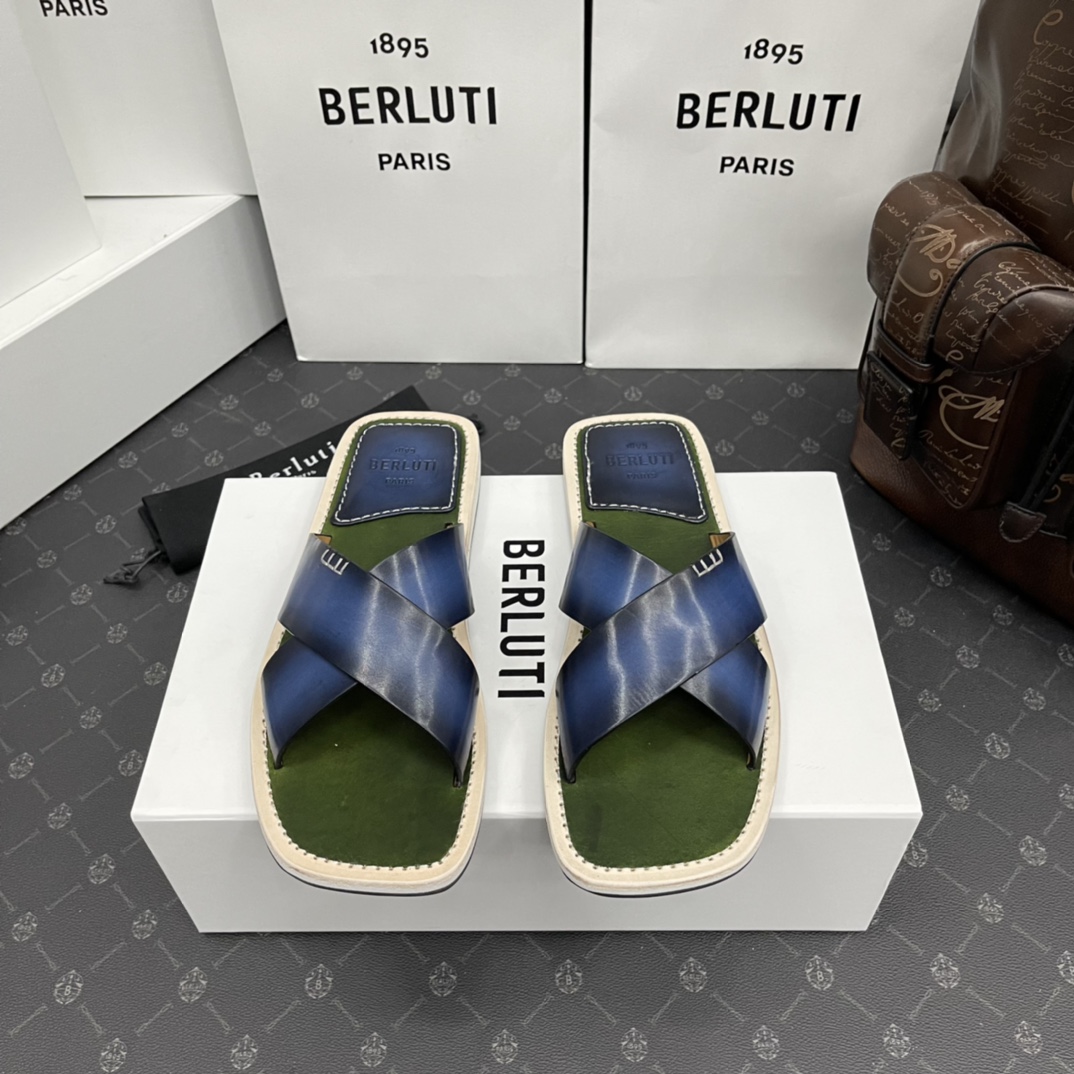 BERLUTI ELIO PATMOS LEATHER SANDALS BLUE/OLIVE 811572
