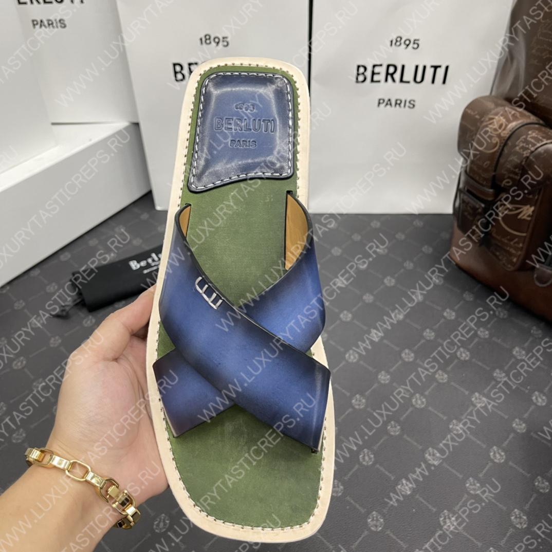 BERLUTI ELIO PATMOS LEATHER SANDALS BLUE/OLIVE 811572