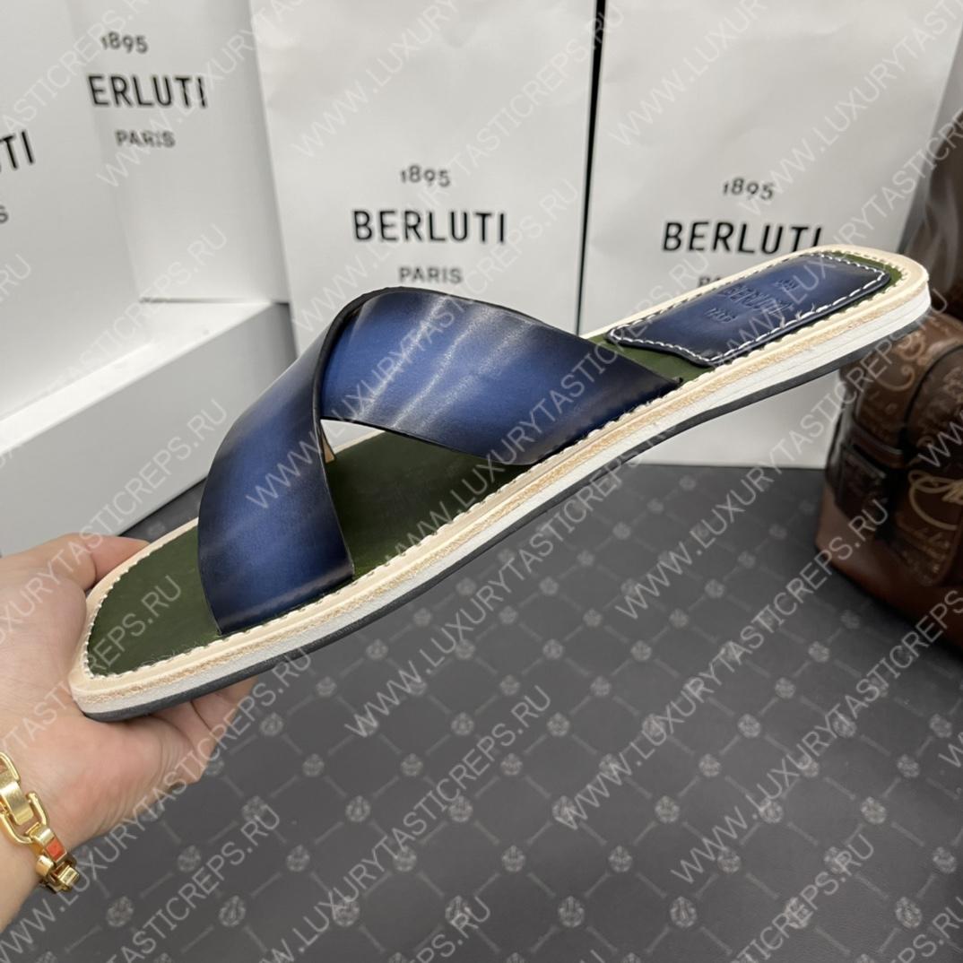 BERLUTI ELIO PATMOS LEATHER SANDALS BLUE/OLIVE 811572