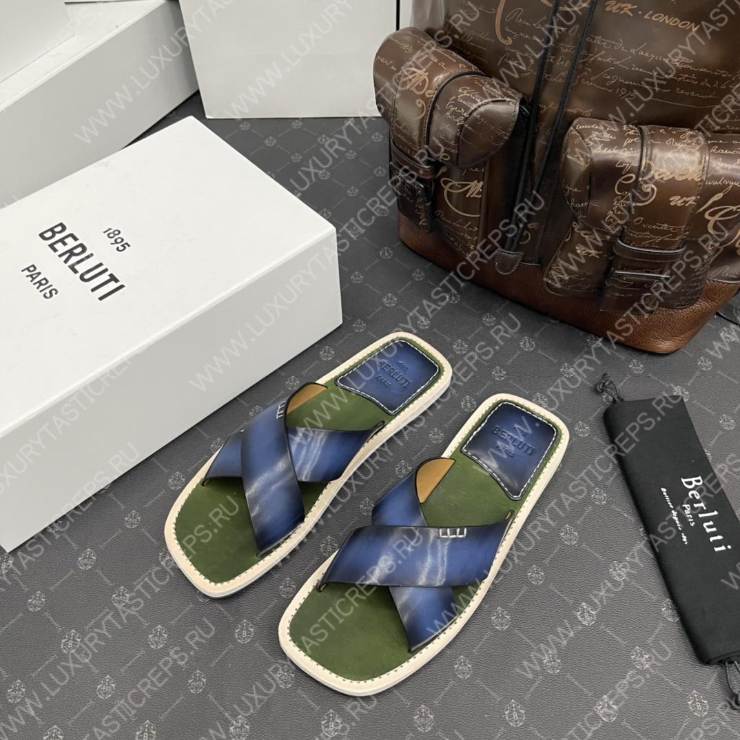 BERLUTI ELIO PATMOS LEATHER SANDALS BLUE/OLIVE 811572