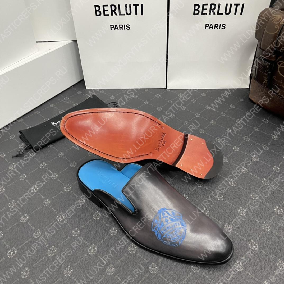 BERLUTI CYRUS SCRITTO SLIPPERS BLACK AND BLUE S3786