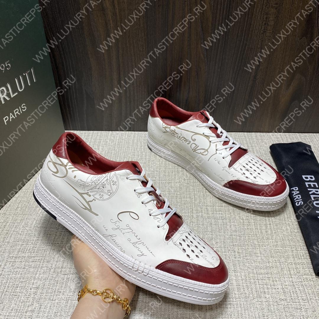 BERLUTI PLAYTIME SCRITTO SNEAKER WHITE AND RED S5304-V31