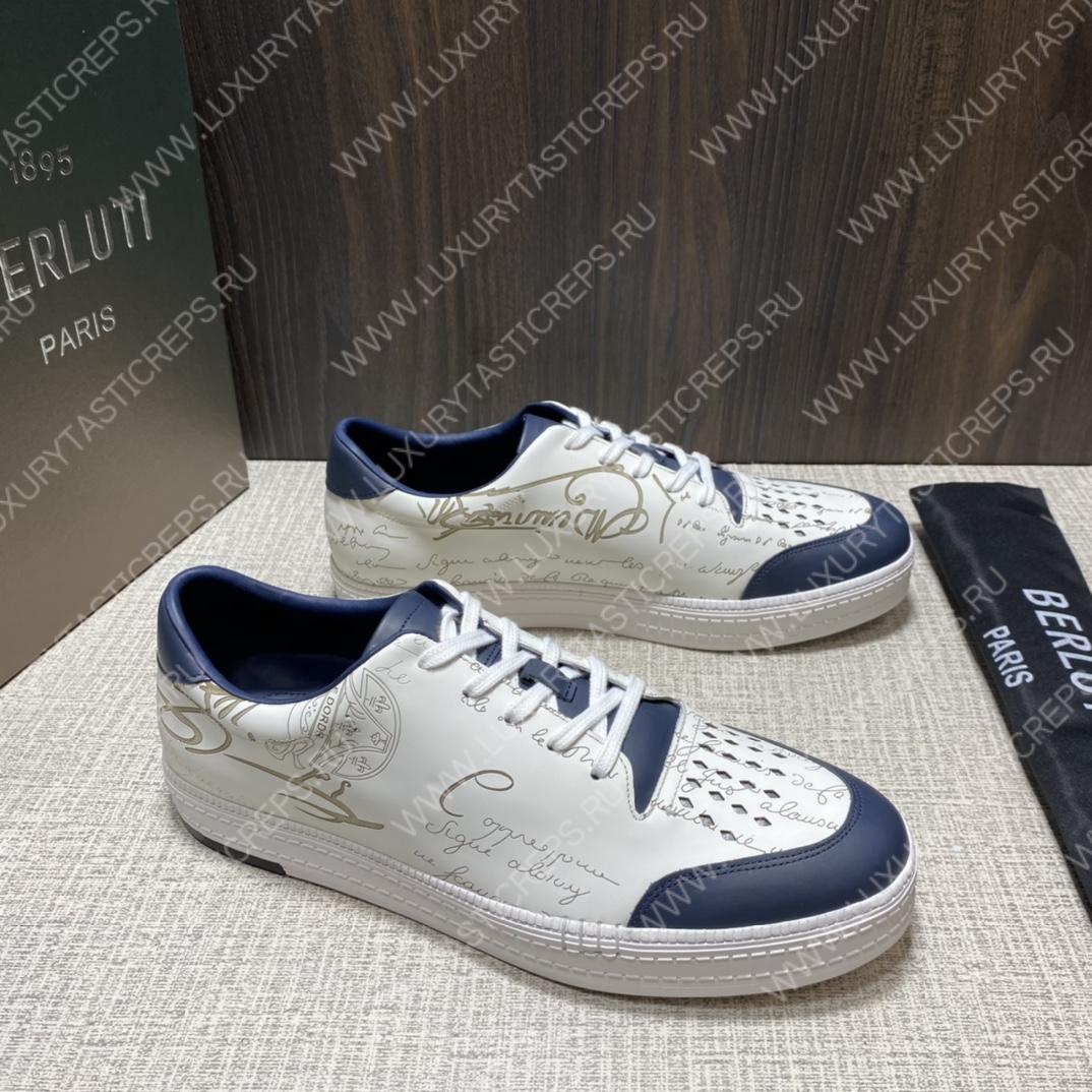 BERLUTI PLAYTIME SCRITTO SNEAKER WHITE AND BLUE S5304-V31