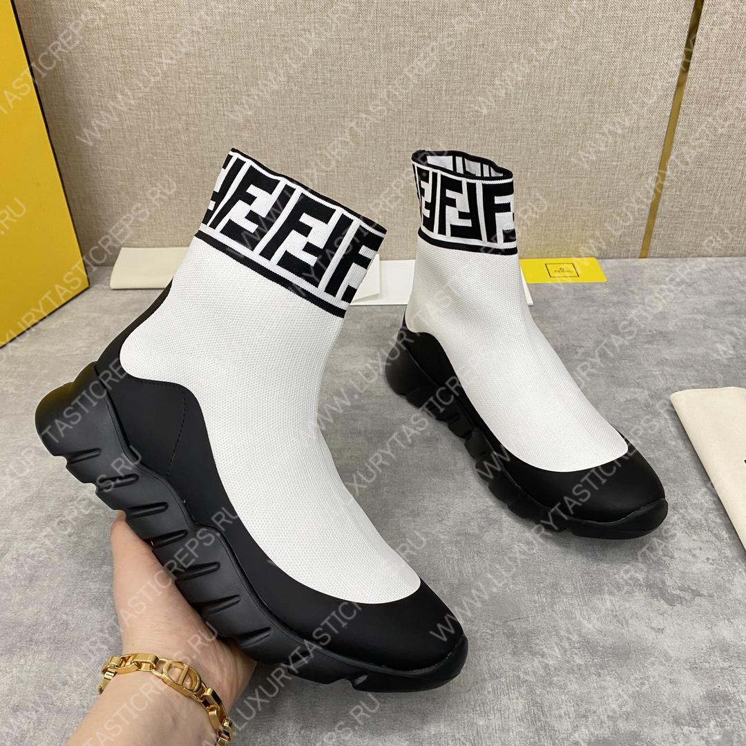 F**di men’s white high top sock sneakers shoes with zucchino ff logo white 409658