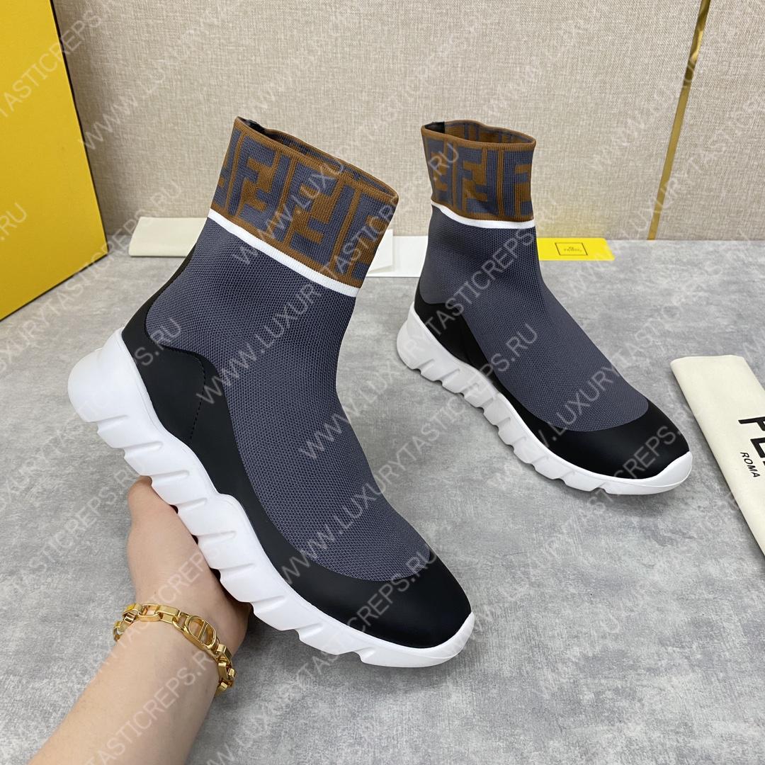 F**di men’s high top sock sneakers shoes with zucchino ff logo grey 401421