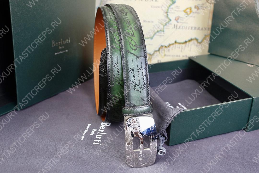 BERLUTI SIGNATURE SCRITTO LEATHER BELT GREEN C0063