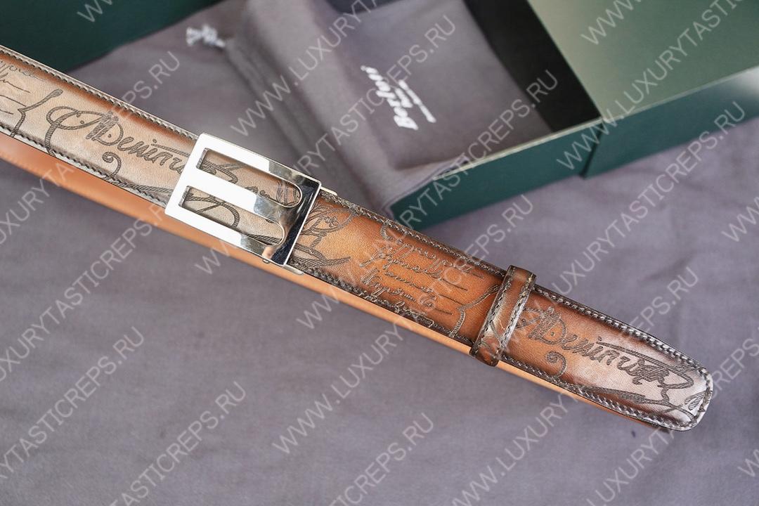 BERLUTI SIGNATURE SCRITTO LEATHER BELT TOBACCO BIS C0063