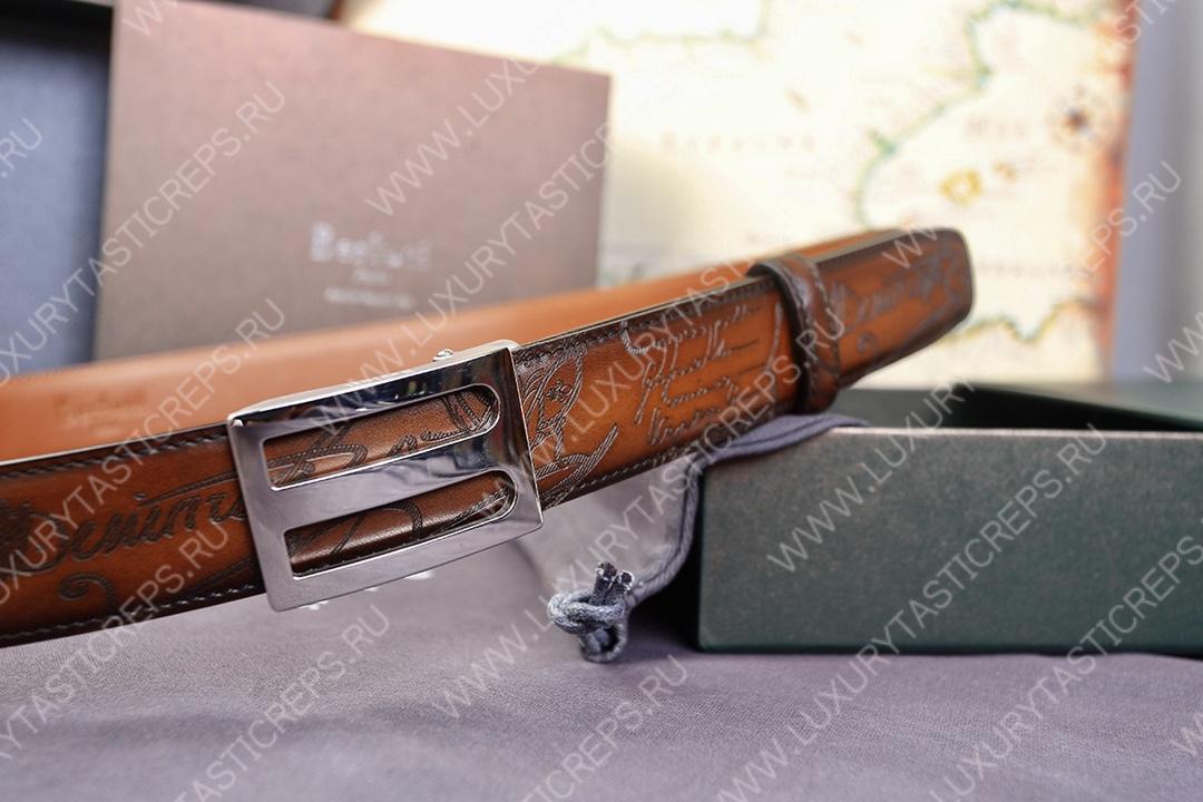 BERLUTI SIGNATURE SCRITTO LEATHER BELT TOBACCO BIS C0063