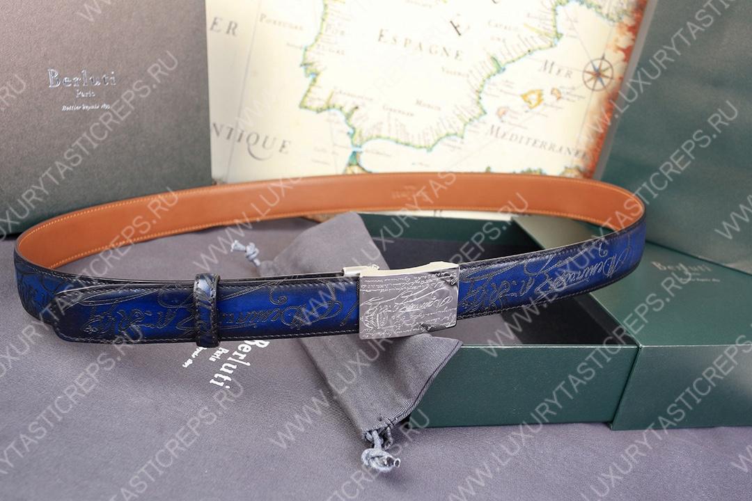 BERLUTI SIGNATURE SCRITTO LEATHER BELT BLUE C0063