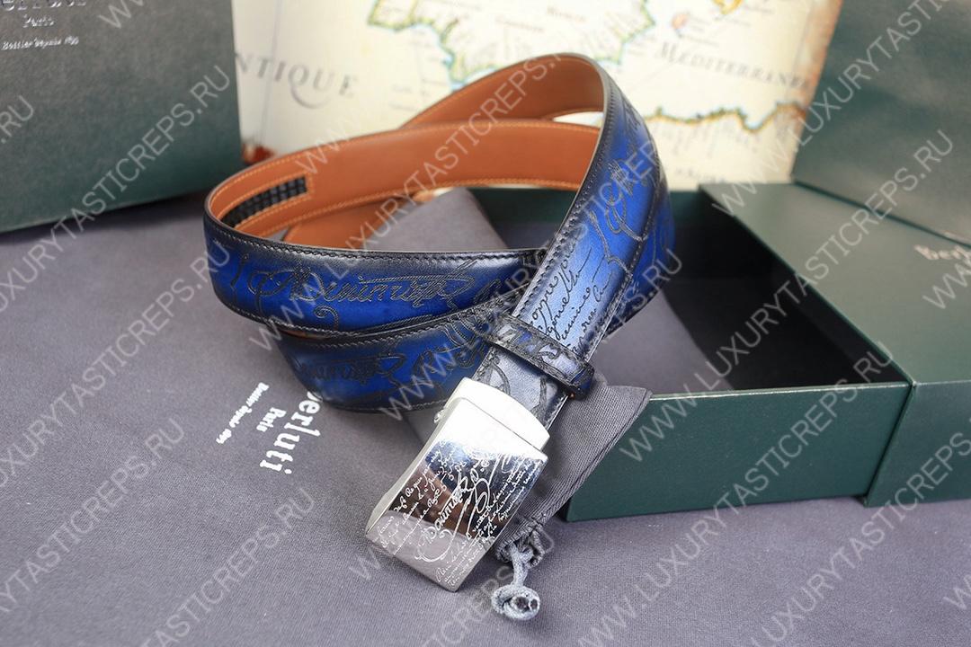 BERLUTI SIGNATURE SCRITTO LEATHER BELT BLUE C0063