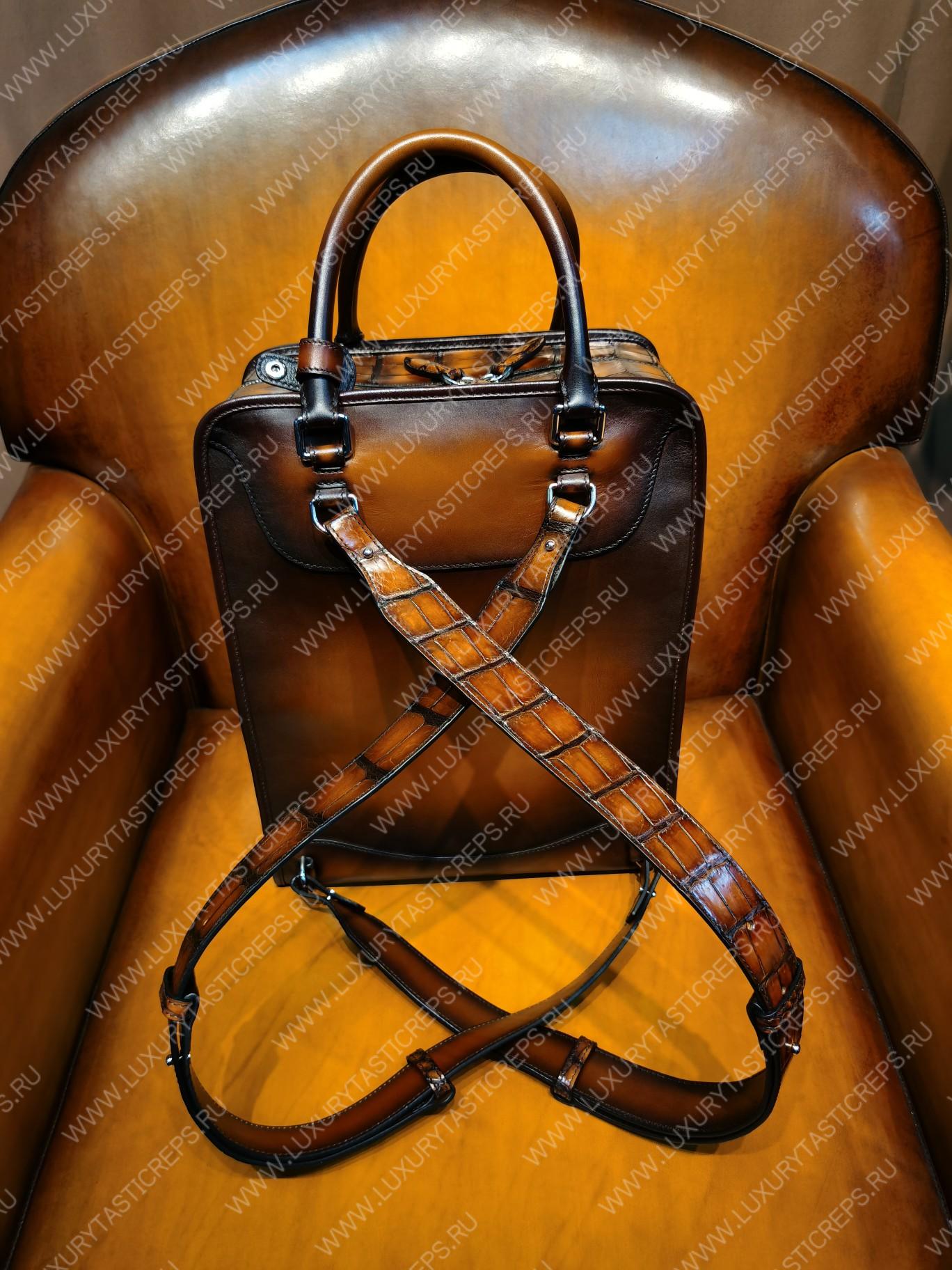 BERLUTI CROC EMBOSED LEATHER BACKPACK BROWN S1243-V3