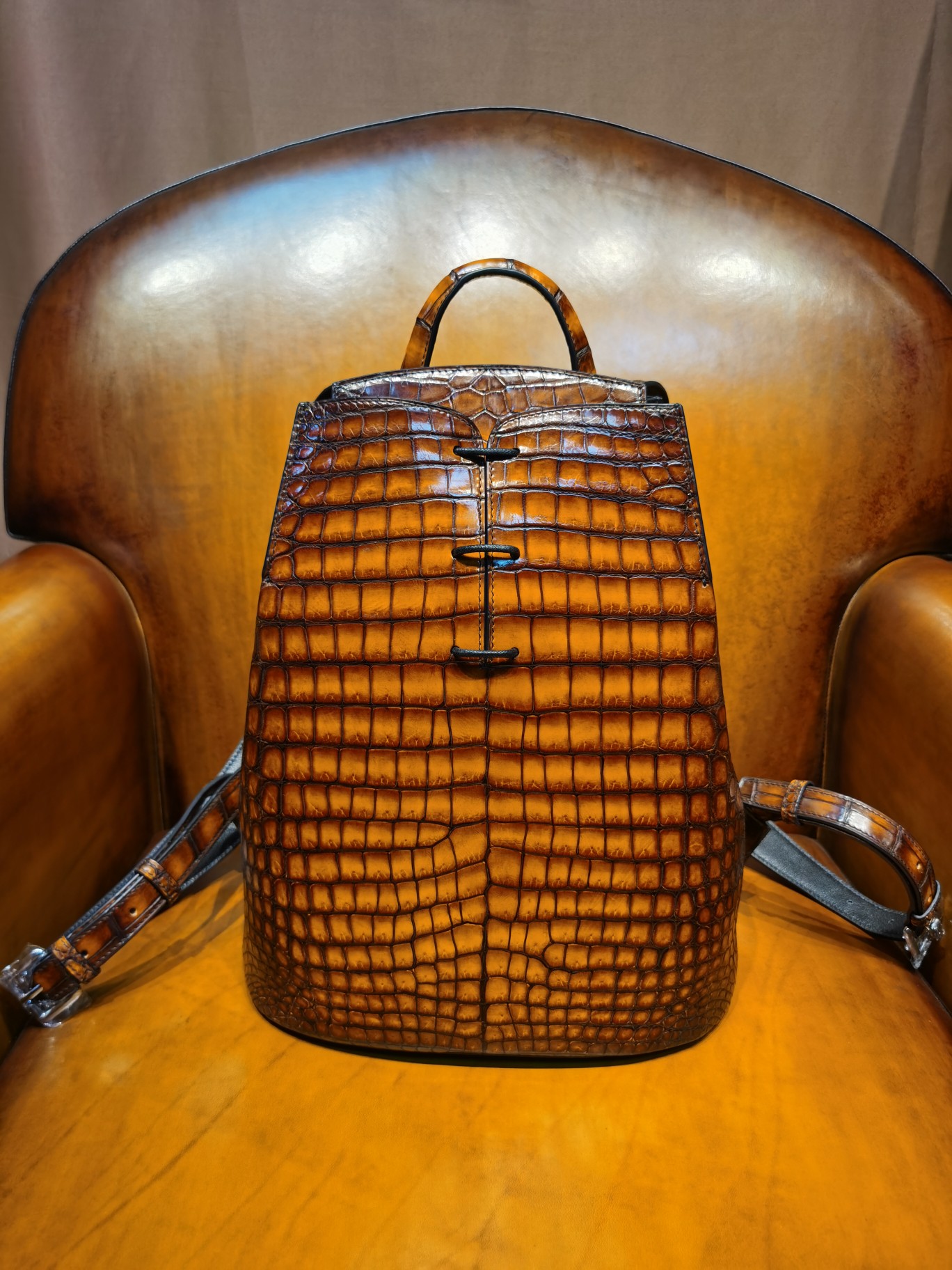 BERLUTI CROC EMBOSED LEATHER BACKPACK BROWN S1243-V3