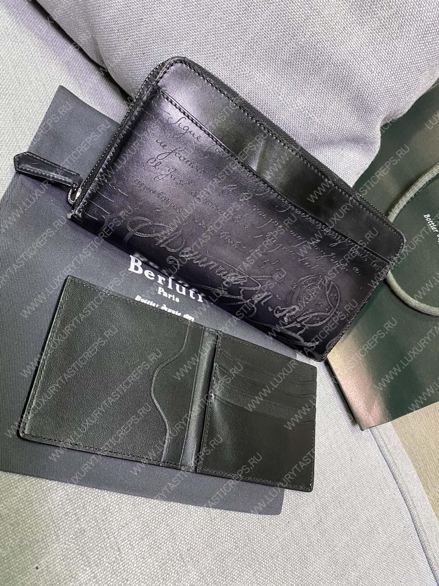 BERLUTI SCRITTO LEATHER LONG ZIPPED WALLET BLACK JOUR-V2
